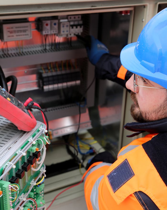 service-03 Electrician wearing safety gear operates switchboard in industrial setting.