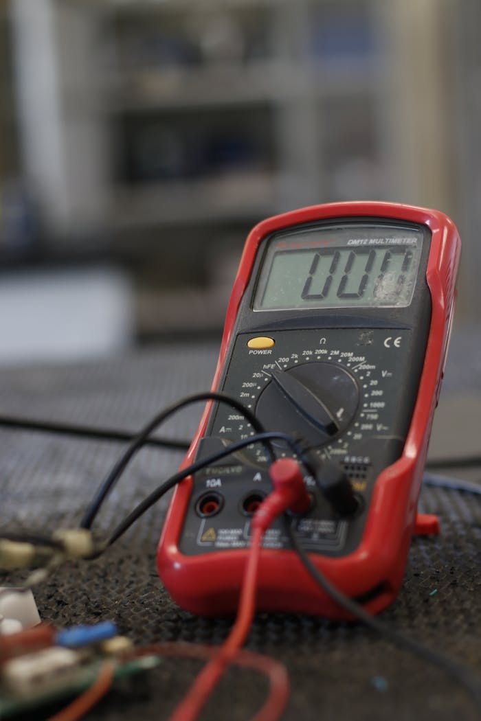 our-mission Professional multimeter with wires that combining functions of voltmeter ammeter ohmmeter placed on floor