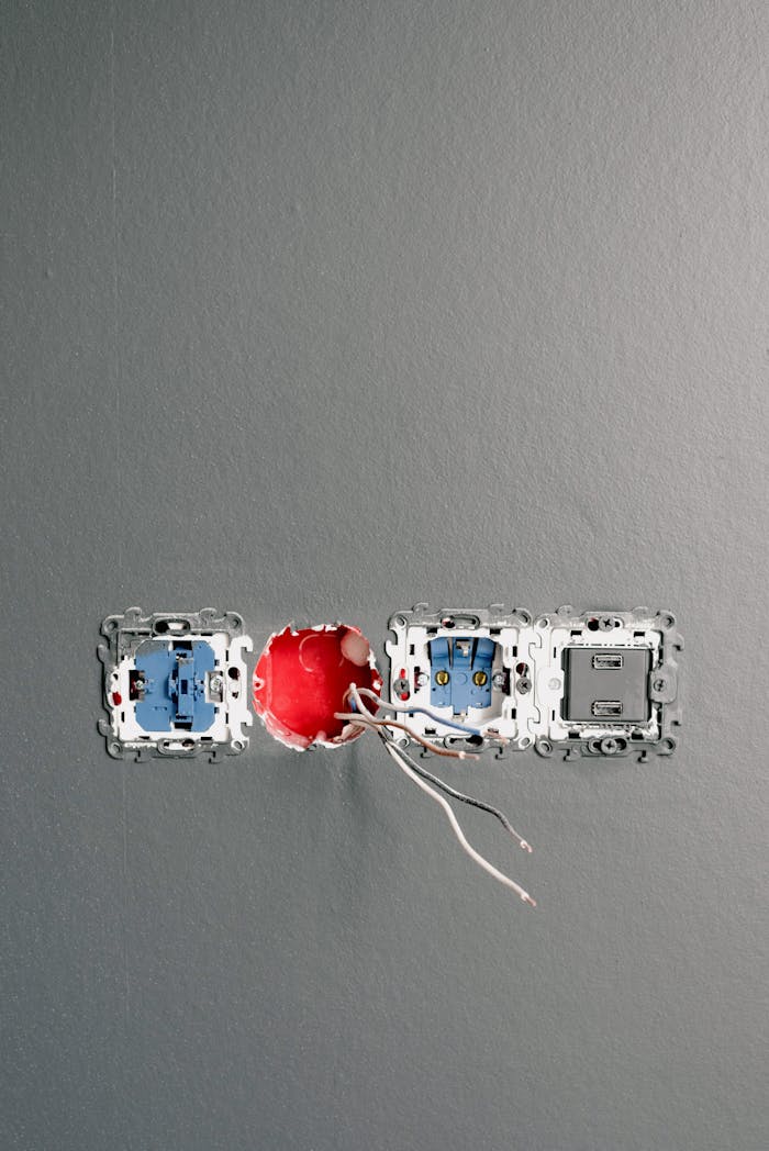 who-we-are Sockets with wires and bolts on gray painted wall at home during construction